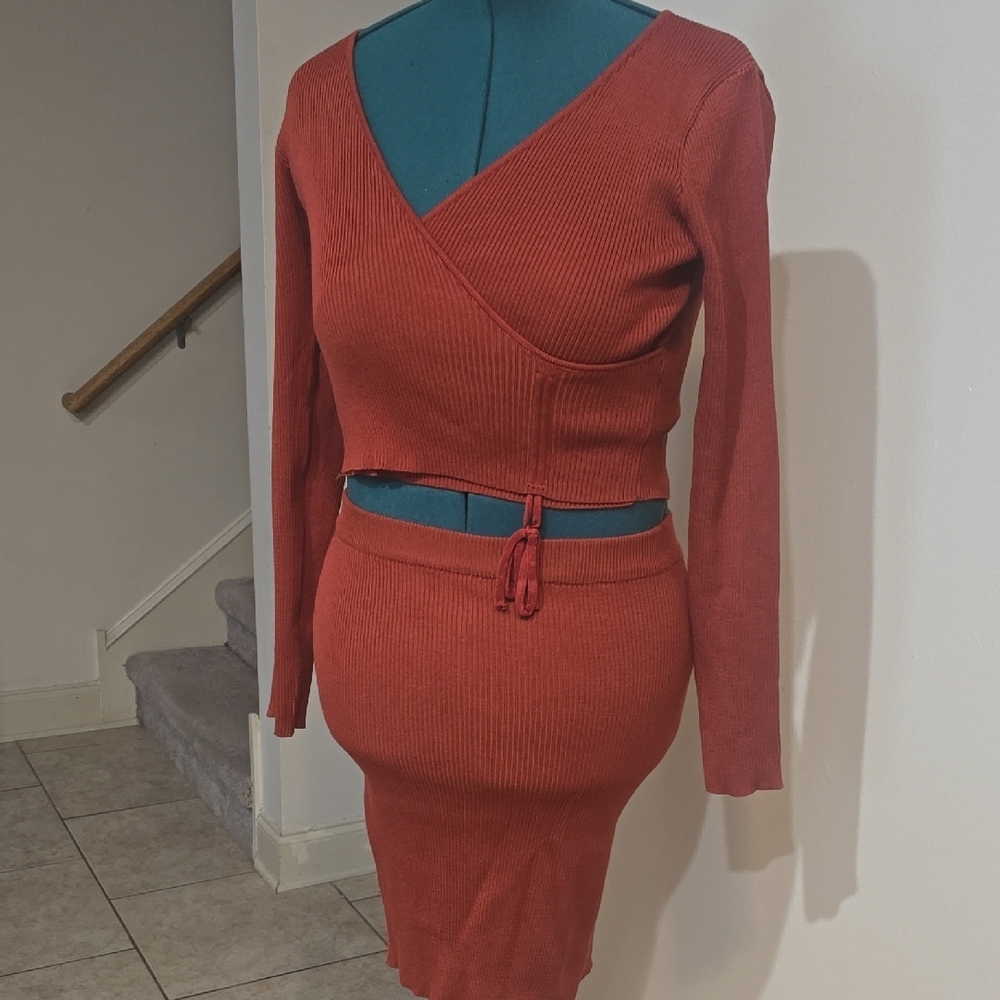 Fashion Nova Rust Ribbed Knit Skirt Set Sz XL